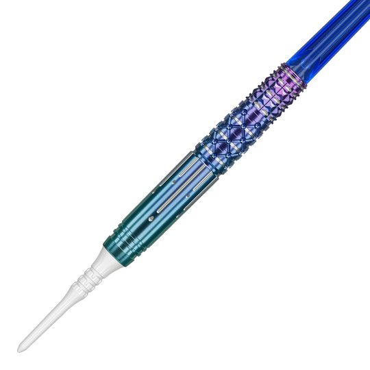 Das Bild zeigt einen farbenfrohen Softdartpfeil mit einem detaillierten Griffdesign. Die Farben verlaufen von Blau zu Lila und der Pfeil hat eine weiße Spitze.