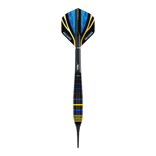 Red Dragon Luke Humphries Wereldkampioen Messing Softdarts - 20g Das Bild zeigt einen Red Dragon Luke Humphries World Champion Brass Softdart mit 20g Gewicht. Der Dart ist schwarz mit blauen und gelben Akzenten gestaltet.