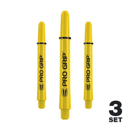 Target Pro Grip Shafts - 3 sets - Geel Auf dem Bild sind drei gelbe Pro Grip Dartschäfte zu sehen. In der rechten unteren Ecke steht „3 Set“.