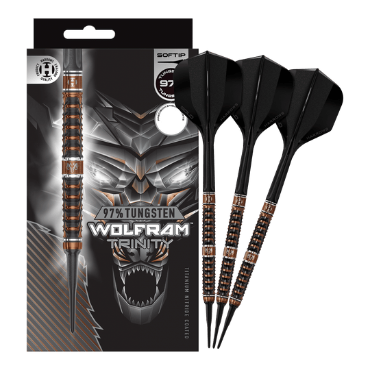 Harrows Tungsten Trinity softdarts Das Bild zeigt die Harrows Wolfram Trinity Softdarts in voller Ansicht. Die Softdarts sind hochwertig verarbeitet.