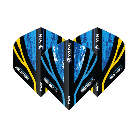 Rode Draak Luke Humphries Wereldkampioen Blauw Goud Yin Yang Standaardvluchten Das Bild zeigt drei Dart-Flights mit dem Design "Red Dragon Luke Humphries World Champion Blue Gold Yin Yang Standard Flights". Die Flights sind in Blau, Schwarz und Gold gehalten und tragen die Aufschrift "World Champion".