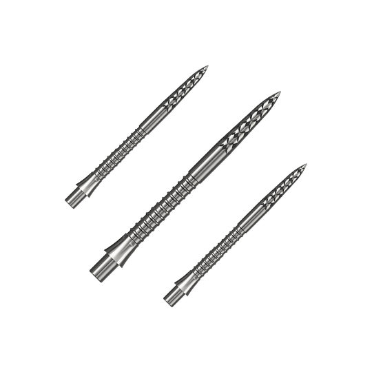 Ein Set silberner Steeldartspitzen ist abgebildet. Die Spitzen sind vermutlich 32 mm lang.