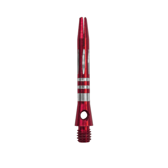Zu sehen ist der Ringed Diamond Cut Aluminium Shafts - Rot - 35 mm. Der Schaft ist aus rotem Aluminium gefertigt und besitzt eine strukturierte Oberfläche.