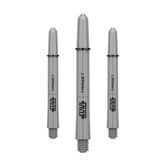 Target Star Wars ProGrip Shafts - Grijs Das Bild zeigt ein Dart-Zubehör mit dem Dateinamen 380432_Target_StarWars_ProGrip_Shafts_Grau_Medium_48mm_1Set. Es handelt sich vermutlich um einen grauen Medium ProGrip Shaft von Star Wars mit 48mm Länge als Set.