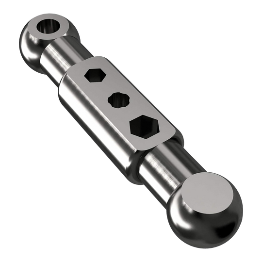 Caliburn Starterkit Das Bild zeigt ein metallisches Bauteil mit zwei kugelförmigen Enden und einer rechteckigen Mittelplatte mit drei Sechskantöffnungen. Es handelt sich um ein Teil des Produkts "Caliburn Starter-Kit".