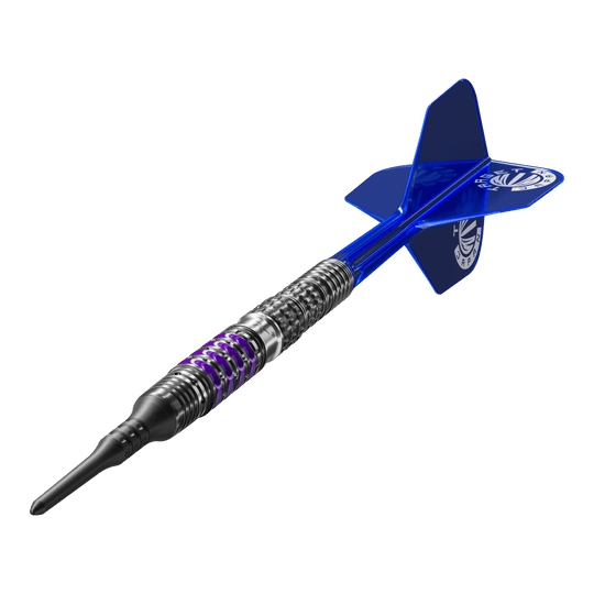 Target Japan Prime Series Sirius GEN4 Soft Darts - 21,5 g Das Bild zeigt einen modernen Softdart aus der Produktreihe „Target Japan Prime Series Sirius GEN4“ mit einem Gewicht von 21,5g. Der Dart hat ein auffälliges, silber-schwarzes Design mit lila Akzenten und blauen Flights.