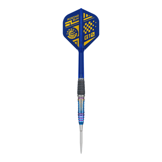 Dies ist ein Bild der Target Japan Rising Sun GEN10 Swiss Point Steeldarts. Drei silberne Darts mit blauen Highlights sind zu sehen.