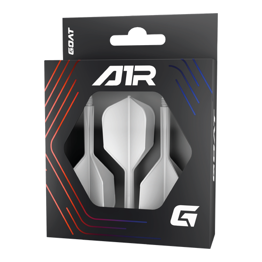 GOAT A1R No6 Flight Shaft-systeem - Wit Die Abbildung zeigt das Produkt „GOAT A1R No6 Flight-Shaft-System - Weiß“ in einer schwarzen Verpackung mit Sichtfenster. In der Verpackung sind drei weiße Dart-Flights mit Schäften zu sehen.