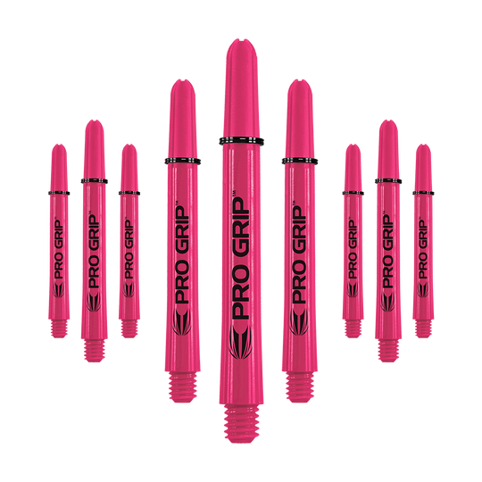 Auf dem Bild sind neun pinke Pro Grip Shafts zu sehen, die für Dartpfeile verwendet werden. Sie sind gleichmäßig angeordnet und tragen den Schriftzug "PRO GRIP" in schwarzer Farbe.