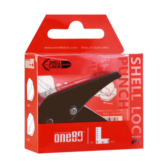L-Style One80 Shell Lock Punch Vluchtpons Das Bild zeigt die Verpackung des Produkts "L-Style One80 Shell Lock Punch Flightlocher". In der Packung befindet sich ein schwarzer Lochstanzer für Dart-Flights.