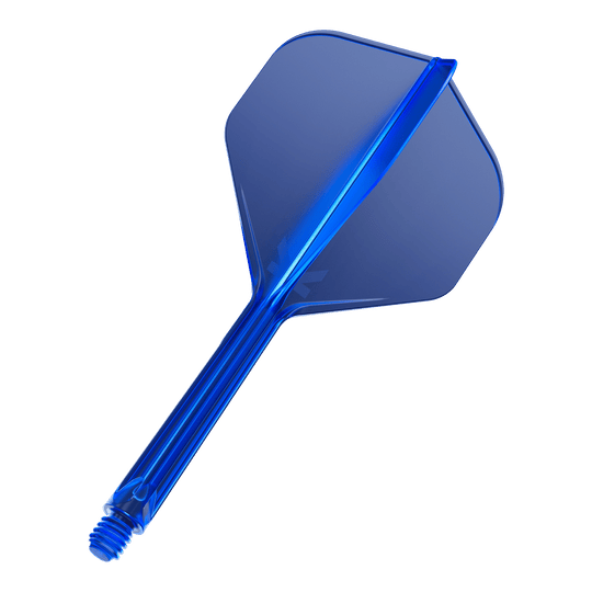 Target K-Flex No2 Standaard Vluchtsysteem - Blauw Das Bild zeigt einen blauen Dart-Flight mit integriertem Schaft. Der Flight ist durchsichtig und besitzt eine Standardform.