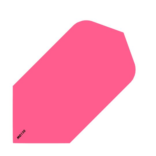 MCD209_McDart_MD150_Slim_Flights_Pink_1 Das Bild zeigt das Produkt "McDart MD150 Slim Flights". Es ist ein einfaches, pinkfarbenes Dartflight mit der Aufschrift "MD150" in der Ecke.
