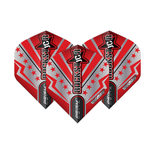 Winmau Prism Delta Joe Cullen Rockstar Series No2 Standaardvluchten Das Bild zeigt drei Dart-Flights der Serie "Winmau Prism Delta Joe Cullen Rockstar No2". Die Flights sind in rot, silber und schwarz gestaltet und tragen die Aufschrift "ROCKSTAR".