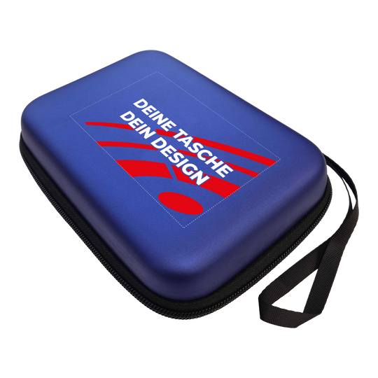 System-4 dartkoffer met jouw ontwerp Das Bild zeigt ein McDart System4 Dartcase in Blau Metallic. Das Etui ist geschlossen dargestellt.