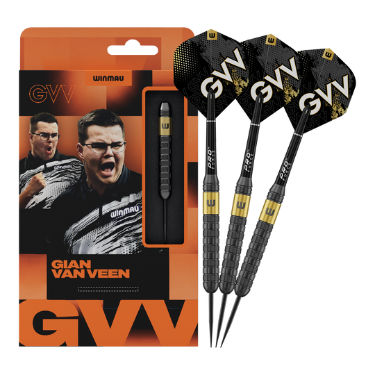 Winmau Gian Van Veen Core Messing Steeldarts - 21g Auf diesem Bild sieht man Winmau Gian Van Veen Core Brass Steeldarts mit 21 Gramm. Die Dartpfeile liegen nebeneinander und sind gut erkennbar.