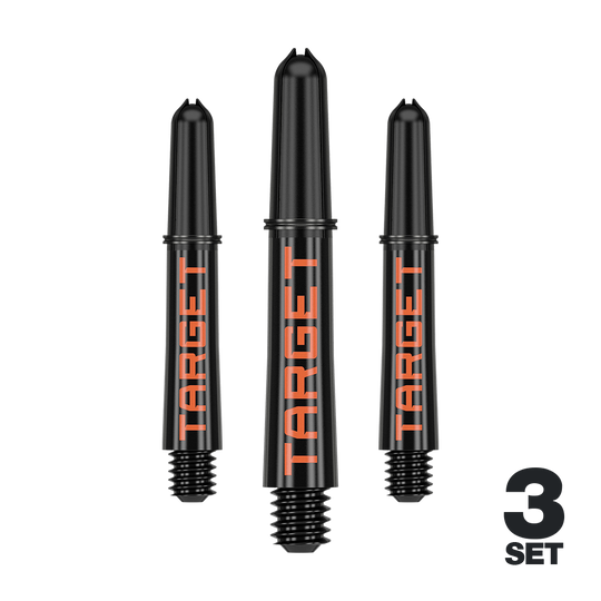 Auf dem Bild sind drei schwarze Dartschäfte mit orangener "TARGET"-Aufschrift zu sehen. Unten rechts steht "3 SET", was darauf hinweist, dass es sich um ein Set aus drei Stück handelt.