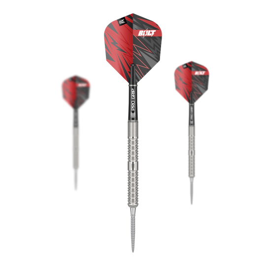 Das Bild zeigt drei Steeldarts des Modells "Target Sebastian Bialecki GEN1 Swiss Point" mit einem Gewicht von 22g. Die Darts haben silberne Spitzen und Schäfte mit roten und schwarzen Flights.