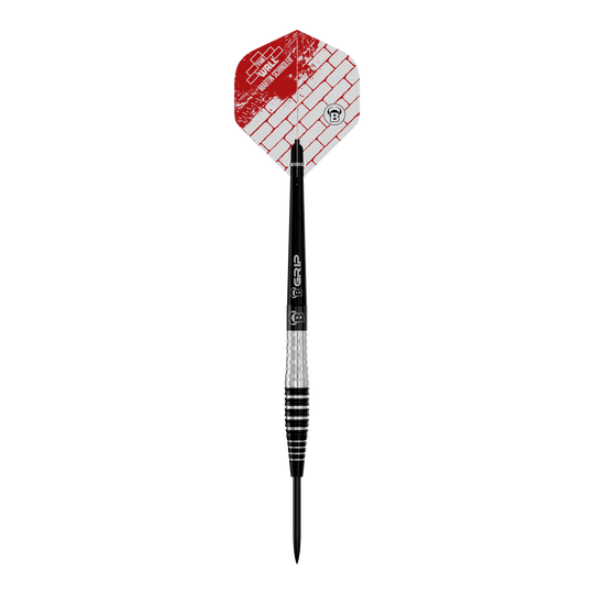 Bulls Martin Schindler Original Generation 3 steel darts Auf dem Bild ist ein Steeldart der Marke „Bulls Martin Schindler Original Generation 3“ zu sehen. Der Dart hat einen silbernen und schwarzen Schaft sowie ein rotes Flight mit Ziegelmuster.