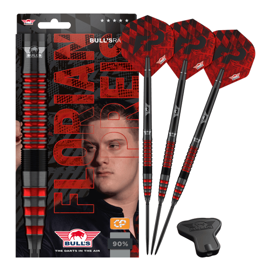 Abgebildet wird Bulls NL Florian Preis 90 Convertible Point Steeldarts. Das Set ist übersichtlich angeordnet.