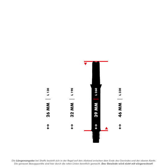 L-L-Style-Shafts Silent Straight - Wit Das Bild zeigt verschiedene Längen von geraden Dartshafts, die in Millimetern angegeben sind. Die L-Shaft mit einer Länge von 39 mm ist in der Mitte hervorgehoben dargestellt.