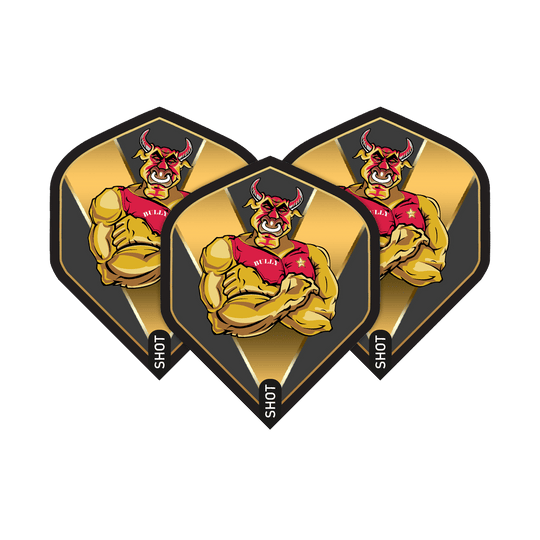 Shot Michael Smith Bully Boy Gold Standard Flights Das Bild zeigt drei Dart-Flights mit einem muskulösen, roten Stier auf goldenem Hintergrund. Auf den Flights steht der Name „Bully Boy“ und unten das Wort „Shot“.