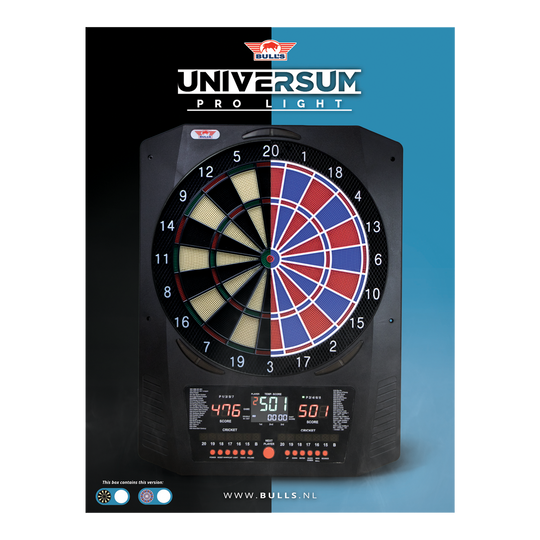 Bulls NL Universum Pro Light Elektronisch Dartbord - Blauw Rood Hier sieht man das Bulls NL Universum Pro Light Elektronisches Dartboard in den Farben Blau und Rot. Dieses Dartboard bietet viele Spieloptionen.