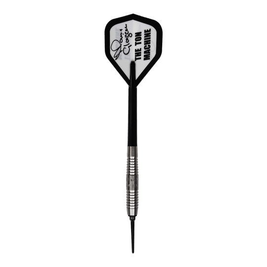 McKicks Alam Glazier Shark Machine Zachte Darts Auf dem Bild ist ein McKicks Alam Glazier Shark Machine Softdart zu sehen. Der Dartpfeil hat eine silberne Metallspitze und einen Flight mit der Aufschrift "THE TON MACHINE".