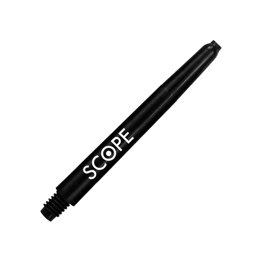 Das Bild zeigt einen schwarzen Nylon-Schaft für Darts mit der Aufschrift "SCOPE". Es handelt sich um das Produkt "McDart Scope Nylon Shafts".