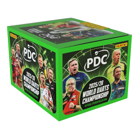 Panini PDC World Darts Championship 2025/26 - Stickerbox met 65 pakketten Auf dem Bild sieht man die Panini PDC World Darts Championship 2025/26 Stickerbox mit 65 Tüten. Die Box ist speziell für Sammler und Fans der Darts-Weltmeisterschaft.