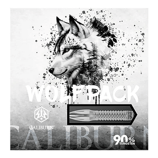 Das Bild zeigt die Verpackung der Caliburn Wolfpack W4 Steeldarts mit einem Wolf-Design. Auf der Verpackung steht, dass die Darts 20g wiegen und aus 90% Tungsten bestehen.