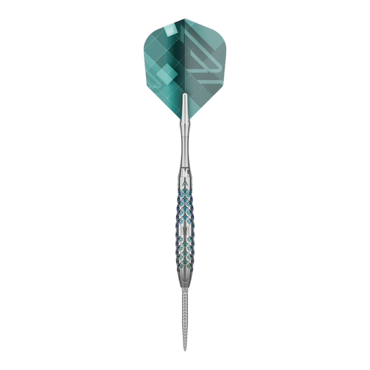 Target Rove 02 Swiss Point stalen dartpijlen Das Bild zeigt einen Target Rove 02 Swiss Point Steeldart. Der Dartpfeil hat ein silbernes, strukturiertes Barrel und eine grün-blaue Flight.