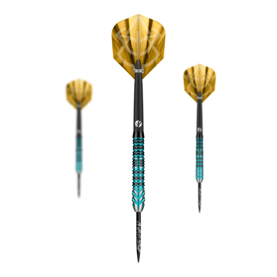 Abgebildet ist das Shot Alchemy Volta Steeldarts-Set. Es handelt sich um ein Set von Steeldarts für Dartspieler.