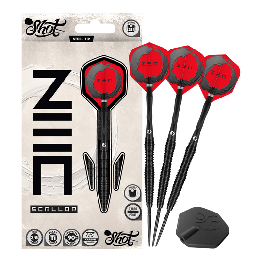 Shot ZEN Scallop Turbo Point stalen dartpijlen - 23 g Das Foto präsentiert die Shot ZEN Scallop Turbo Point Steeldarts - 23g in Gesamtansicht. Sie verbinden modernes Design mit hoher Treffsicherheit.