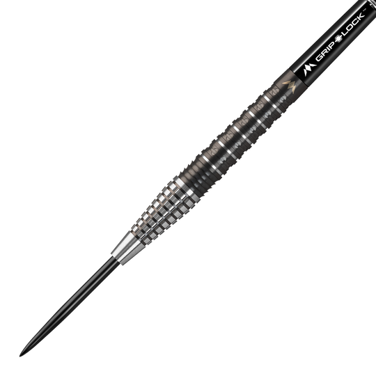 Mission Makara M2 stalen darts - 23g Das Bild zeigt den "Mission Makara M2 Steeldart" mit einem Gewicht von 23 Gramm. Der Dartpfeil hat eine schwarze Spitze und einen geriffelten, silber-schwarzen Griffbereich.