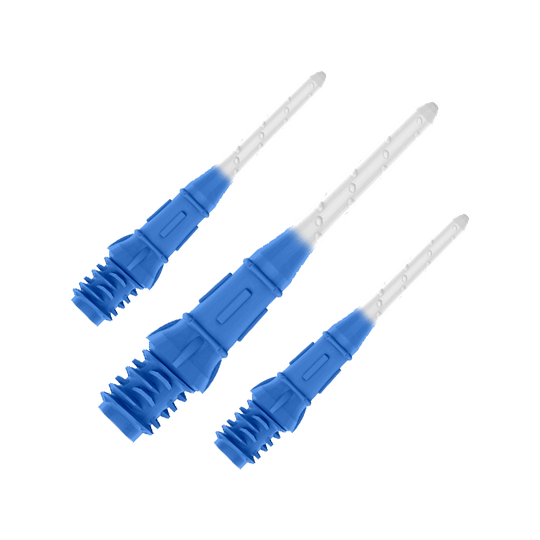 L-Style Premium Two Tone Lippoints (verpakking van 30) Das Bild zeigt drei blaue und weiße Dartspitzen, die nebeneinander liegen. Die Spitzen haben ein zweifarbiges Design mit dunklem Blau am unteren Teil und Weiß am oberen Teil.
