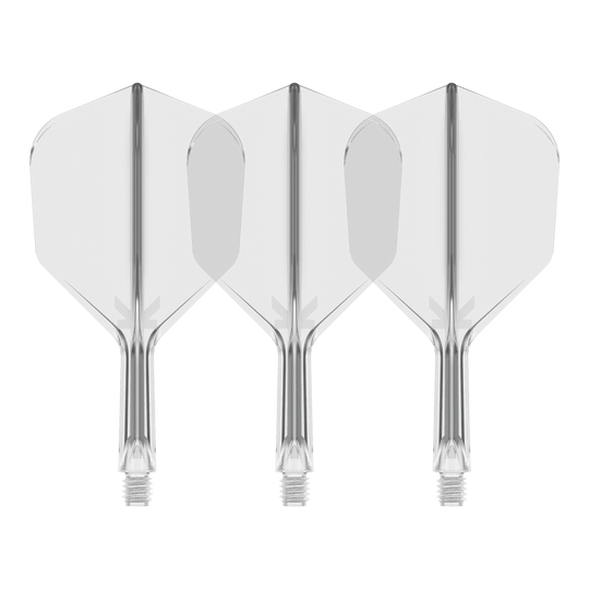 Target K-Flex No6 Vluchtsysteem - Helder Auf dem Bild sind drei durchsichtige Dartflights mit integriertem Schaft zu sehen. Sie stehen nebeneinander vor schwarzem Hintergrund.