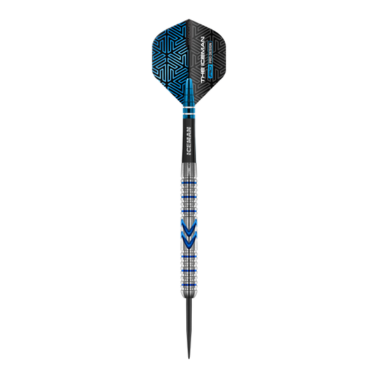 Red Dragon Gerwyn Price Iceman Midnight Edition stalen darts Das Bild zeigt einen Steeldart aus der Serie "Red Dragon Gerwyn Price Iceman Midnight Edition". Der Dart hat ein silbernes und blaues Design mit schwarzen Akzenten auf dem Flight.