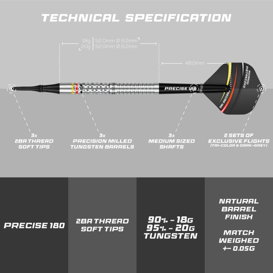 Precise 180 Ricardo Pietreczko GEN1 softdarts Precise 180 Ricardo Pietreczko GEN1 Softdarts sind Softdarts mit besonderem Design. Sie eignen sich perfekt für elektronische Dartboards.