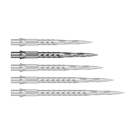 Caliburn System stalen dartpunten - Spiro - NoLip - zilver Vermutlich wird eine silberne Steeldartspitze mit 30 mm Länge abgebildet. Sie stammt aus dem Caliburn Evo System und ist vom Typ Spiro NoLip.