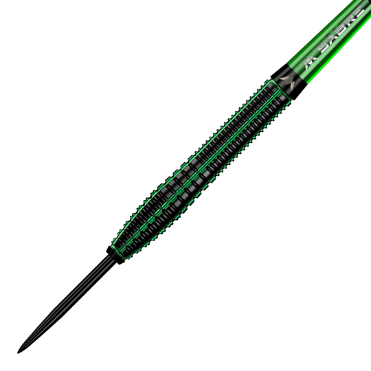 Mission Venom stalen darts Das Bild zeigt einen Mission Venom Steeldart mit einem schwarzen und grünen Design. Der Dartpfeil hat eine schlanke Form und auffällige grüne Akzente entlang des Schafts.