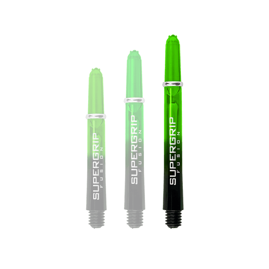 Das Bild zeigt drei grüne Harrows Supergrip Fusion Shafts in verschiedenen Längen. Die Schäfte haben ein transparentes Design mit der Aufschrift "SUPERGRIP FUSION" in Weiß.