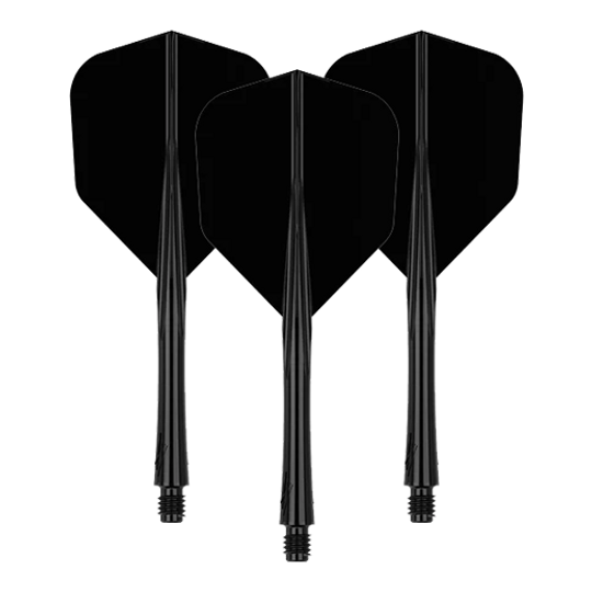 Das Bild zeigt drei schwarze Dart-Flights mit Schäften. Sie sind in einer aufrechten Position nebeneinander angeordnet.