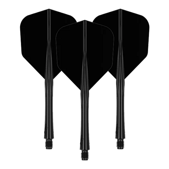 Caliburn SUP Lite No6 vluchtschachtsysteem Das Bild zeigt drei schwarze Dart-Flights mit Schäften. Sie sind in einer aufrechten Position nebeneinander angeordnet.