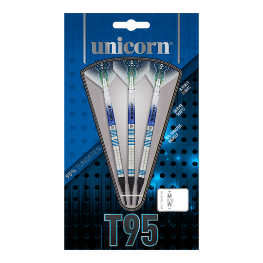 Unicorn T95 Core XL Blauwe zachte darts Das Bild zeigt die Verpackung der "Unicorn T95 Core XL Blue Softdarts". In der Packung sind drei silber-blaue Softdarts mit 95% Tungsten-Anteil zu sehen.