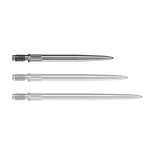 Mission R2.5 Rapid Point SM1 Dartpunten - Zilver Eine silberne Dartspitze liegt vor weißem Hintergrund. Die Spitze ist eine Mission R25 Rapid Point SM1 mit einer Länge von 30mm.