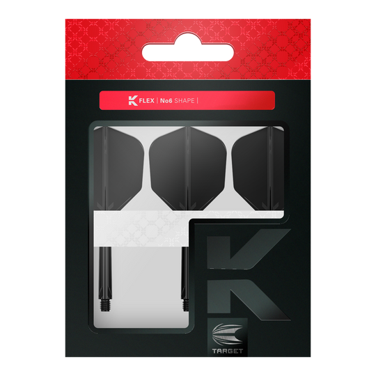 Target K-Flex No6 Vluchtsysteem - Zwart Das Bild zeigt eine Verpackung mit drei schwarzen Dartflights und Schäften. Die Marke „TARGET“ und die Produktbezeichnung „K FLEX No6 SHAPE“ sind auf der Packung zu sehen.