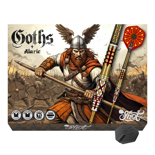 Shot Goths Alaric Turbo Point stalen dartpijlen - 23 g Hier sieht man die Shot Goths Alaric Turbo Point Steeldarts - 23g. Sie sind ideal für Präzision und Kontrolle.