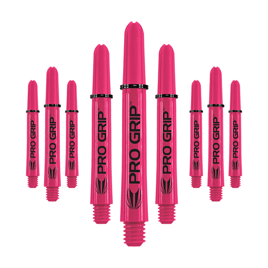 Target Pro Grip Shafts - 3 sets - Roze Das Bild zeigt neun pinke Dartshafts mit der Aufschrift "PRO GRIP". Die Shafts sind in drei Reihen angeordnet und heben sich deutlich vor dem weißen Hintergrund ab.