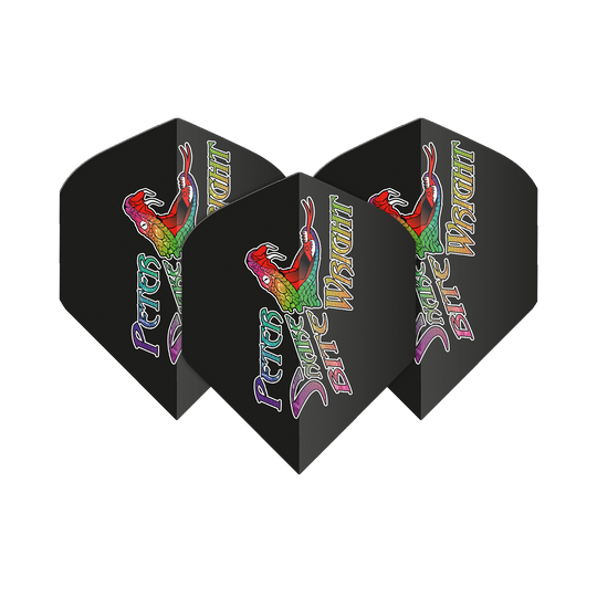 Das Bild zeigt drei schwarze Dart-Flights mit buntem Schlangenmotiv und der Aufschrift "Peter Snakebite Wright". Die Flights sind als Produkt "Red Dragon Peter Wright Snakebite Black Standard Flights" bekannt.