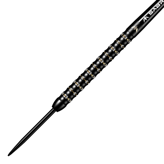 Mission Mike De Decker MDD Black Gold Steeldarts Das Bild zeigt den Mission Mike De Decker MDD Black Gold Steeldart. Der Dartpfeil ist überwiegend schwarz mit goldenen Akzenten und hat ein strukturiertes Griffdesign.
